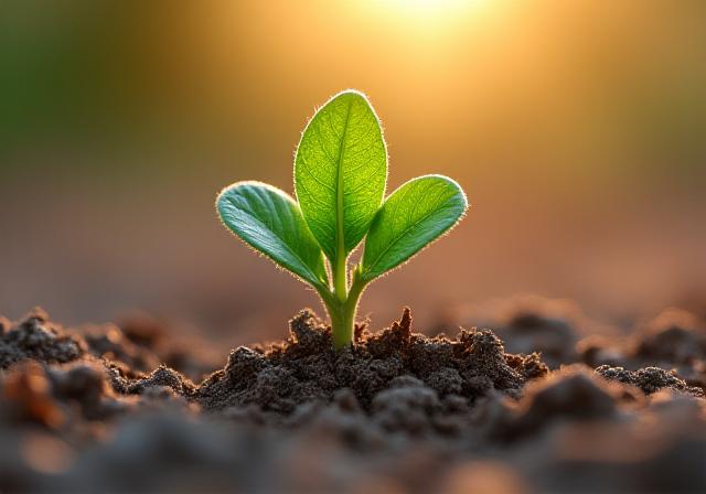 Close-up of a young plant growing through cracked ground, symbolizing resilience and new growth in a financial context