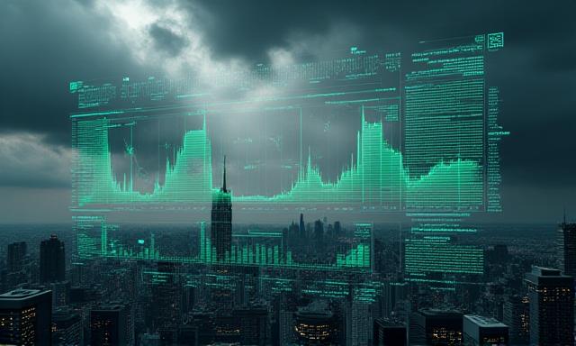 Overlay of digital financial data over a storm cloud sky