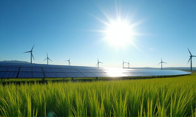 Solar panels and wind turbines representing green investment