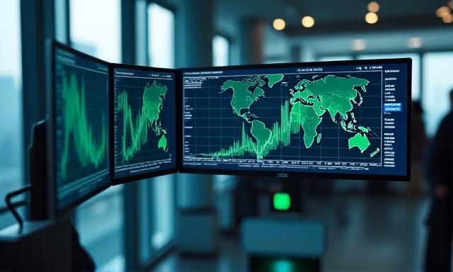 A modern financial trading floor layout with multiple screens